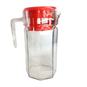 Vintage Octagonal Clear Glass Pitcher with Plastic Red Lid